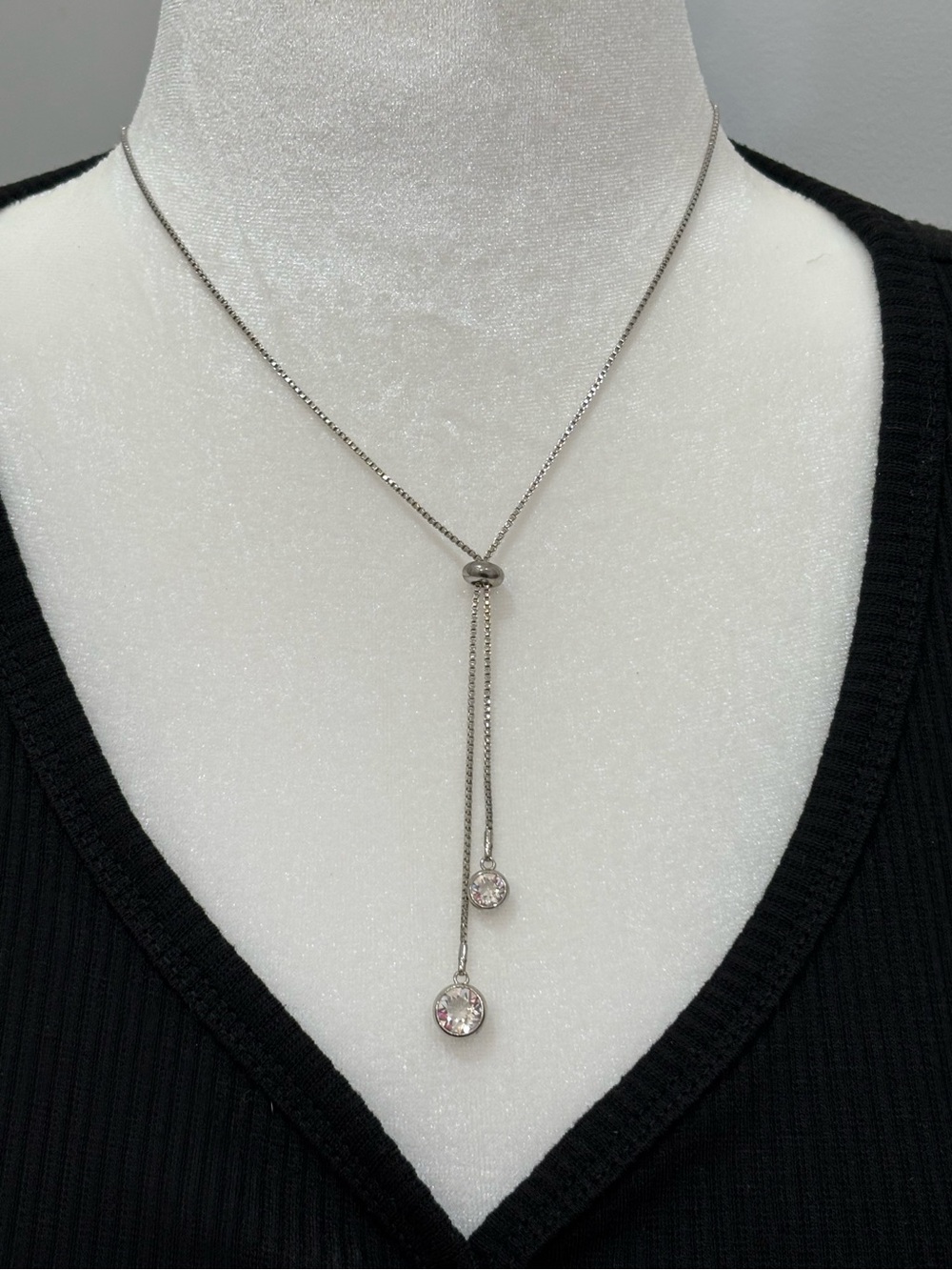 Silver Lariat Necklace with Crystal Drops